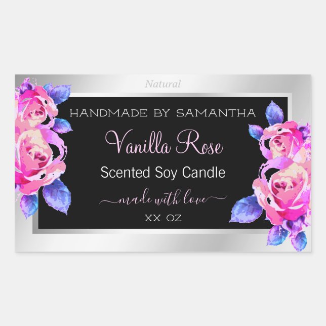 Floral Pink Purple Silver Product Packaging Labels (Front)