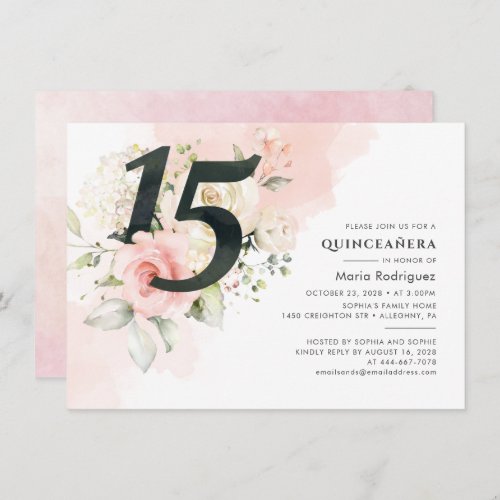 Floral Pink Quinceanera 15th Birthday Watercolor Invitation