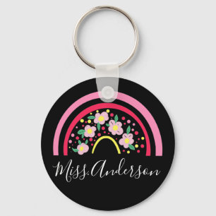Floral Pink Rainbow Personalized Teacher Gift  Key Keychain