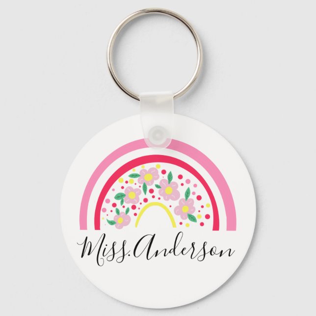 Floral Pink Rainbow Personalized Teacher Gift  Keychain (Front)