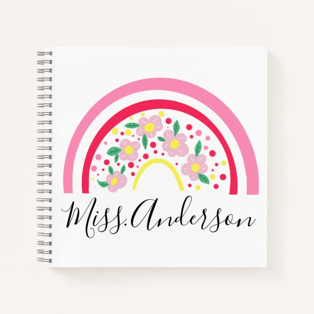Floral Pink Rainbow Personalized Teacher Gift   Notebook (Front)
