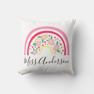 Floral Pink Rainbow Personalized Teacher Gift Throw Pillow