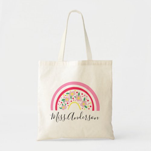 Floral Pink Rainbow Personalized Teacher Gift Tote Bag