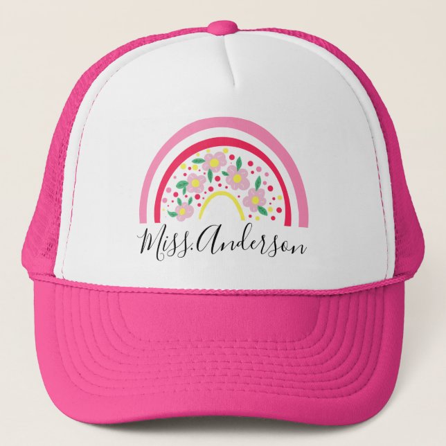 Floral Pink Rainbow Personalized Teacher Gift  Trucker Hat (Front)
