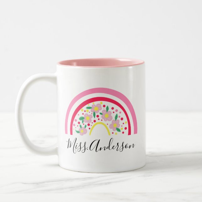 Floral Pink Rainbow Personalized Teacher Gift  Two-Tone Coffee Mug (Left)
