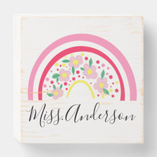 Floral Pink Rainbow Personalized Teacher Gift Wooden Box Sign