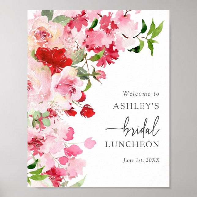 Floral Pink Red Bridal Luncheon Poster (Front)