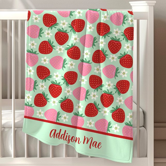 Floral Pink Red Strawberry Pattern Personalized Baby Blanket (Creator Uploaded)