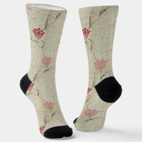 Floral Pink Red Tulip Flowers Girly Morris Pattern Socks