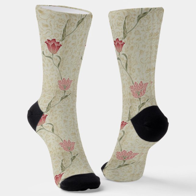 Floral Pink Red Tulip Flowers Girly Morris Pattern Socks (Angled)