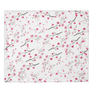 Floral Pink Red Watercolor Cherry Blossoms Duvet Cover