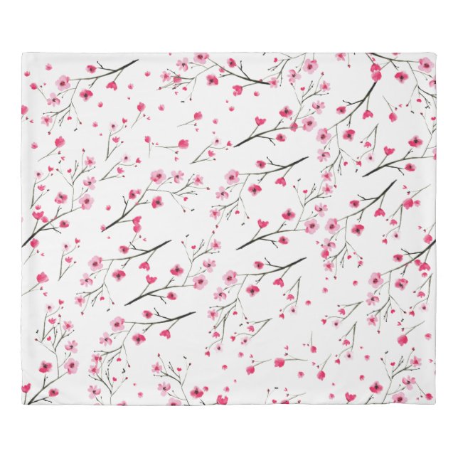 Floral Pink Red Watercolor Cherry Blossoms Duvet Cover (Front)