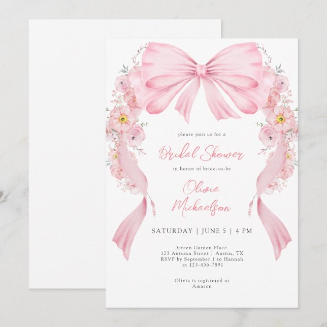 Floral Pink Ribbon Arch Bow Coquette Bridal Shower Invitation (Front/Back)