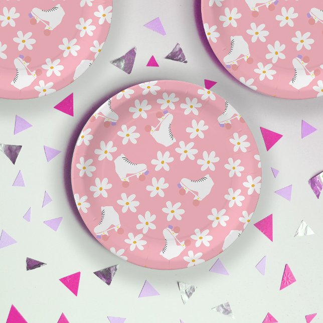 Floral Pink Roller Skates Roller Skating Birthday Paper Plates (Creator Uploaded)