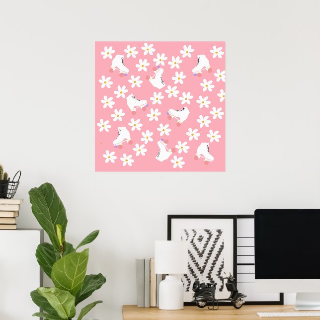 Floral Pink Roller Skates Roller Skating  Poster (Home Office)