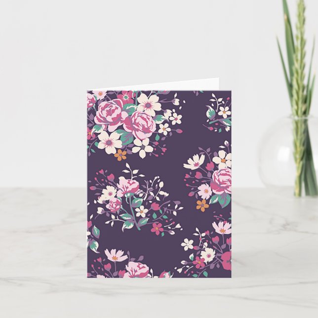 Floral Pink Rose And Daisy Flower Purple Notecard (Front)