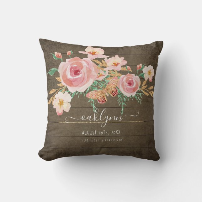 Floral Pink Rose Baby Girl Birth Stats Rustic Wood Throw Pillow (Front)