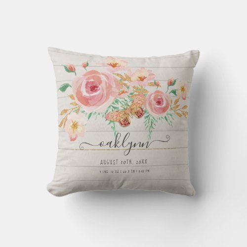 Floral Pink Rose Baby Girl Birth Stats White Wood Throw Pillow