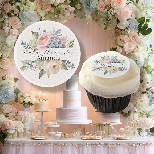 Floral Pink Rose Blue Hydrangea Baby Girl Shower Edible Frosting Rounds