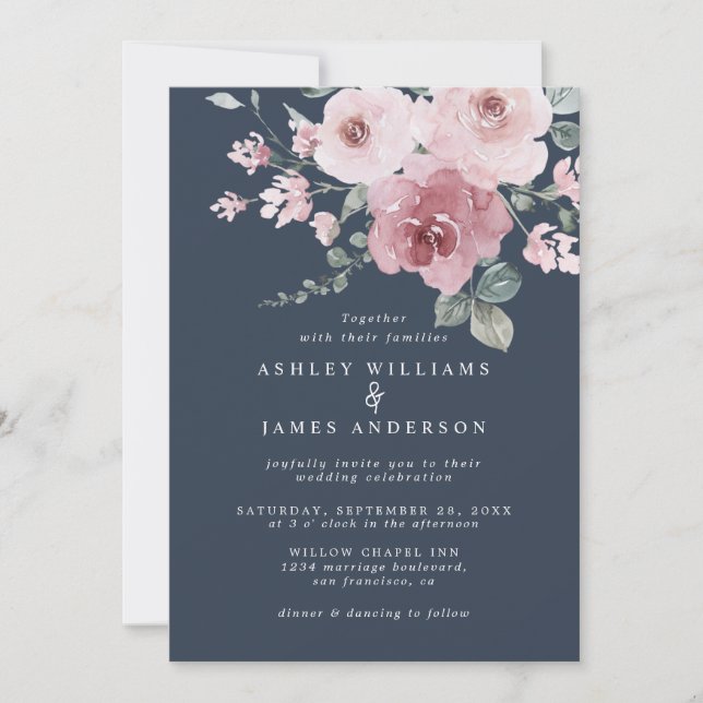 Floral Pink Rose Burgundy Dark Blue Invitation (Front)