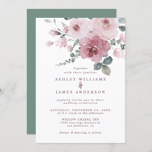 Floral Pink Rose Burgundy Dusty Green Wedding Invitation
