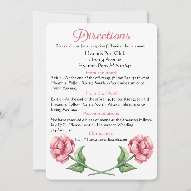 Floral Pink Rose Flower Directions Wedding Party Invitation (Front)
