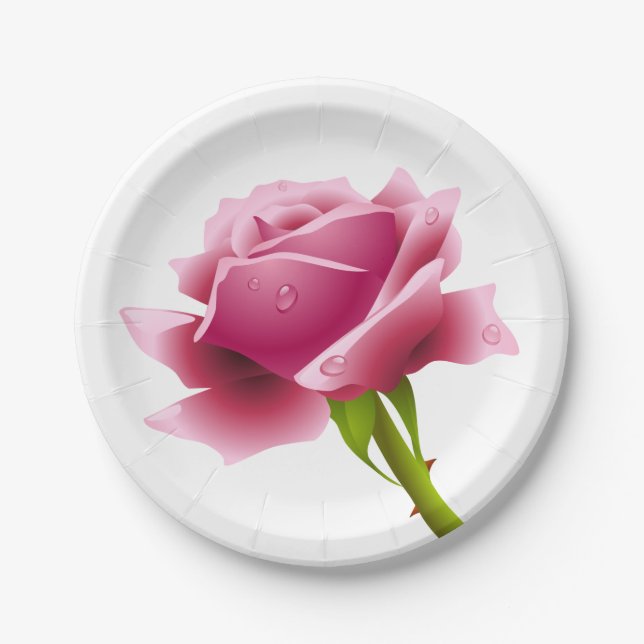 Floral Pink Rose Flower - Wedding / Party Paper Plates (Front)