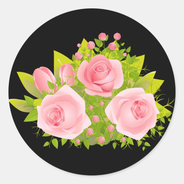 Floral Pink Rose Flowers Black Classic Round Sticker (Front)