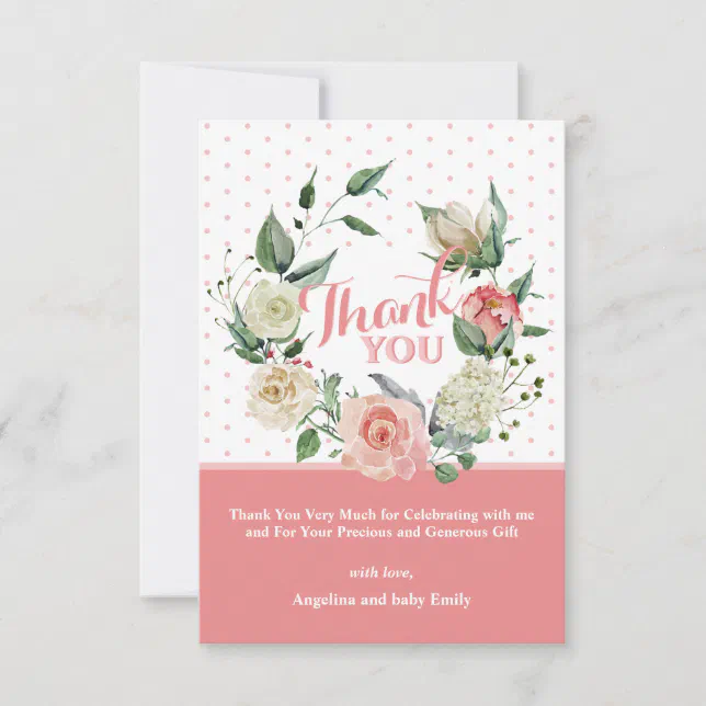 Floral Pink Rose Girl Baby Shower Birthday Thank You Card | Zazzle