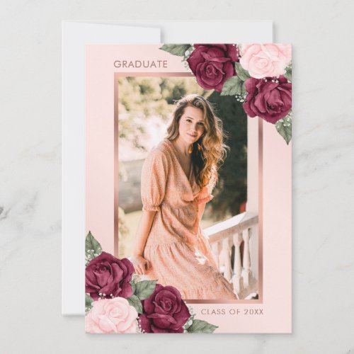 Floral Pink Rose Gold Burgundy Photo Graduation Announcement