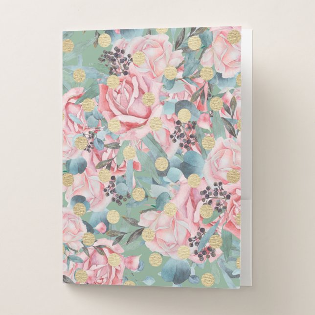 Floral pink rose gold polka dot teal pattern  pocket folder (Front)