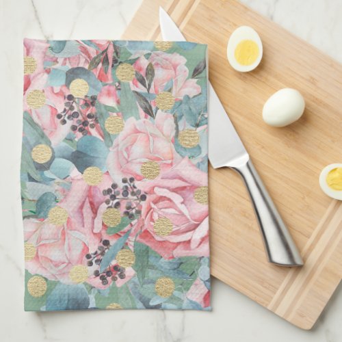 Floral pink rose gold polka dot vintage green blue kitchen towel