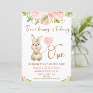Floral Pink Rose Gold Some Bunny 1st Birthday Invitation