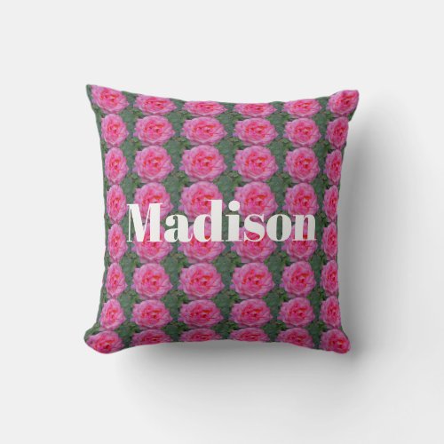 Floral Pink Rose Pattern with Foliage Flower Throw Pillow