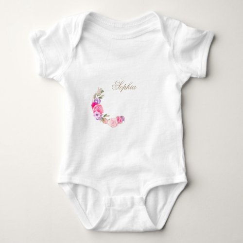 Floral Pink Rose Personal Name Baby Bodysuit