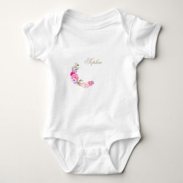 Floral Pink Rose Personal Name Baby Bodysuit (Front)