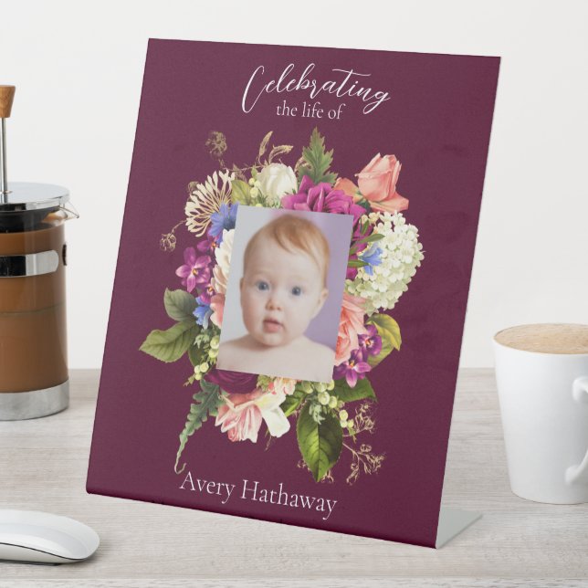 Floral Pink Rose Photo Funeral Pedestal Sign (In SItu)