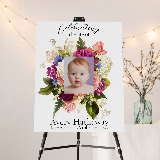Floral Pink Rose Photo Funeral Sign (In Situ (Stand))