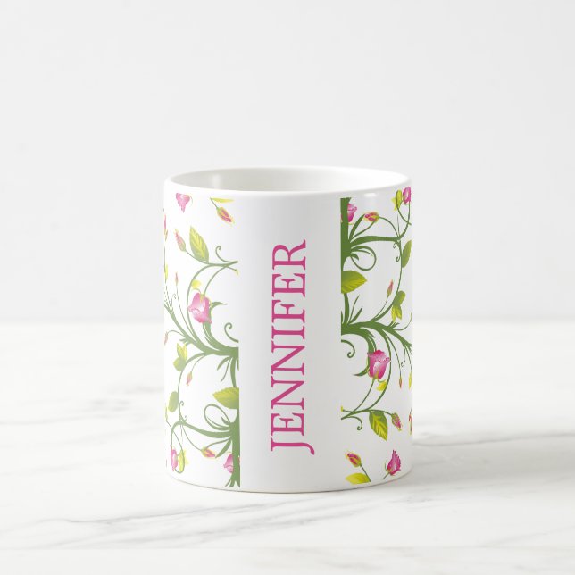 Floral Pink Rose Vine Navy Elegant Personalized Coffee Mug (Center)