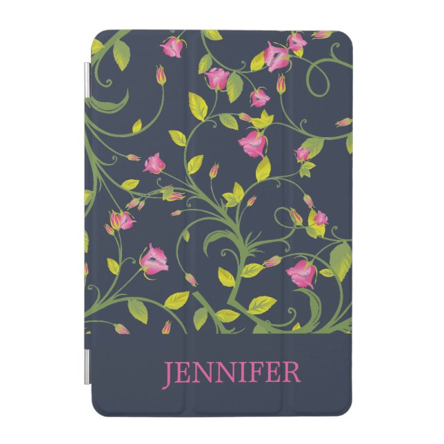 FLORAL PINK ROSE VINE NAVY PERSONALIZED iPad MINI COVER (Front)
