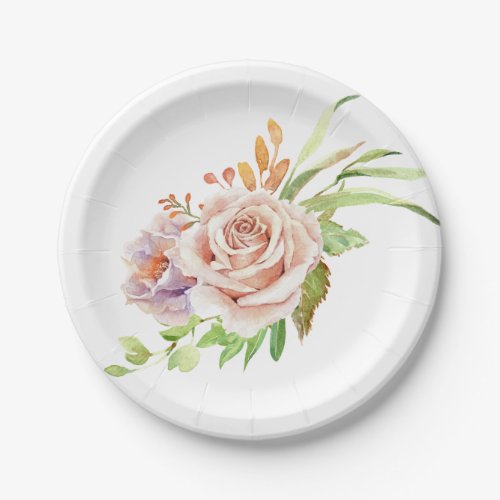 Floral Pink Rose Watercolor Flower Wedding Party Paper Plates