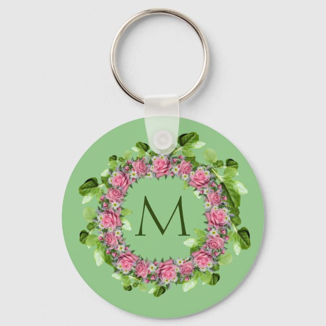 Floral Pink Rose Wreath Monogram Key Chain (Front)