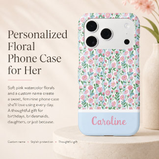 Floral Pink Rosebud Blue Stripe Name Feminine iPhone 17 Pro Case