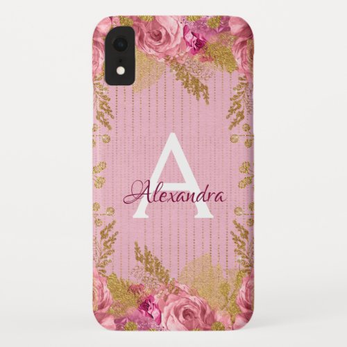 Floral Pink Roses and Gold Foil Monogram iPhone XR Case