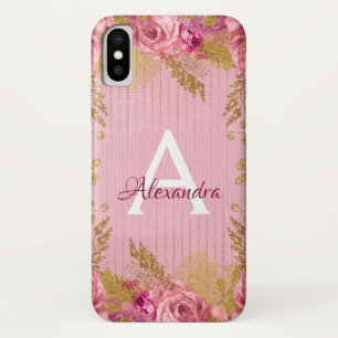 Floral Pink Roses and Gold Foil Monogram iPhone X Case