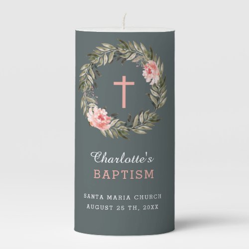  Floral Pink Roses Baptism Candle 