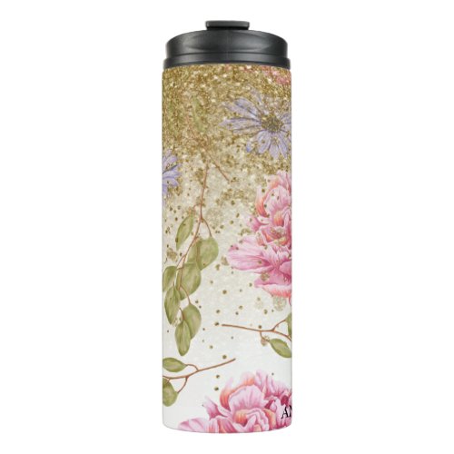 Floral Pink Roses Blue Daisy Gold Glitter Thermal Tumbler