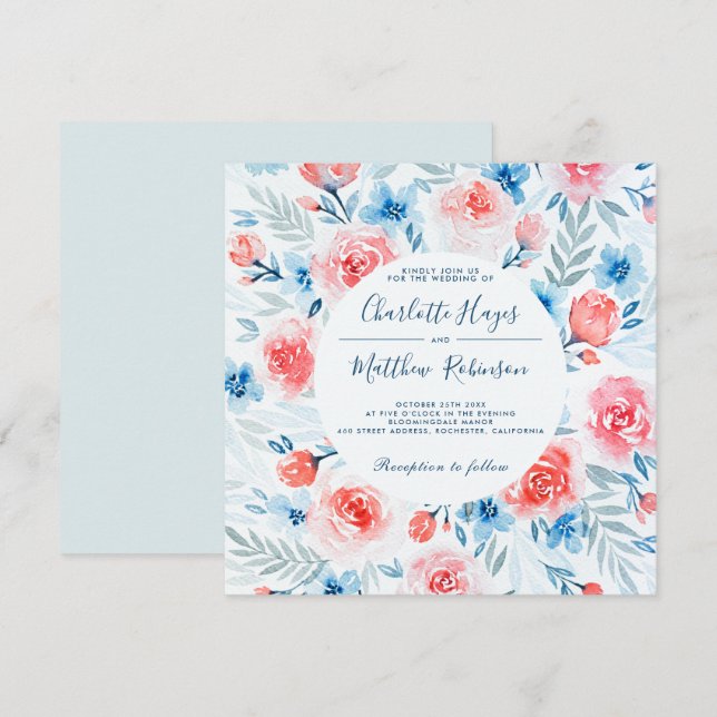 Floral Pink Roses Blue Flowers Watercolor Wedding Invitation (Front/Back)