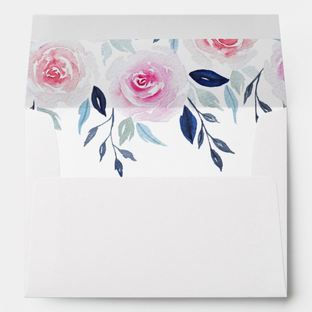Floral Pink Roses Blue Leaves Watercolor Wedding Envelope (Back (Bottom))