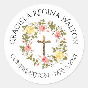 Floral Pink Roses Crucifix Confirmation Classic Round Sticker